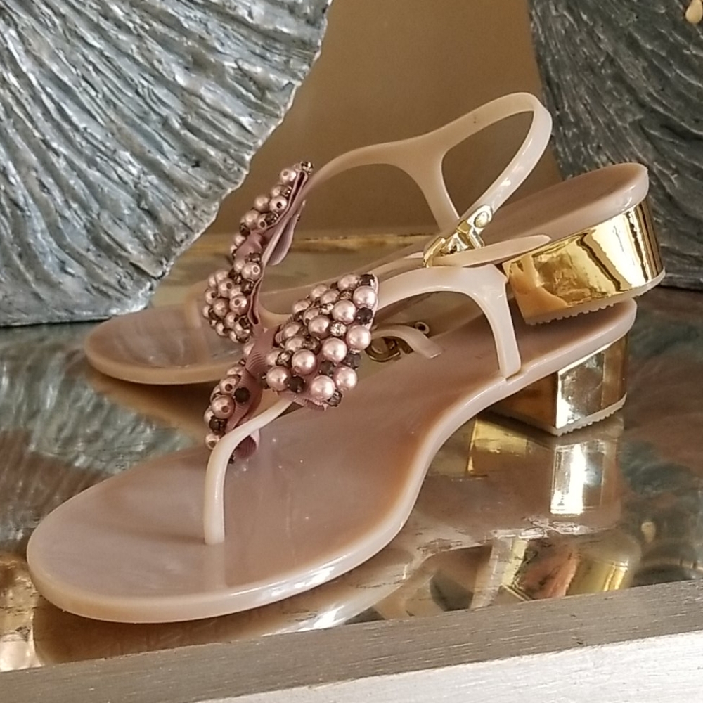 Enzo Angiolini Pink Beaded Slingback Sandals with Gold Block Heel